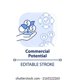 Icono de concepto de azul claro potencial comercial. Ilustración de línea delgada de idea abstracta de importancia digital de primer pensamiento. Dibujo de contorno aislado. Trazo editable. Fuentes Arial, Myriad Pro-Bold utilizadas
