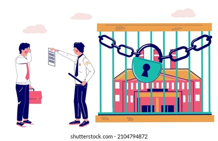 Commercial Property Arrest, Flat Vector Illustration. Real Estate Arrest, Seized Assets For Unpaid Debts.