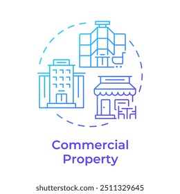 Commercial property blue gradient concept icon. Office building. Shopping center and restaurant. Retail space. Round shape line illustration. Abstract idea. Graphic design. Easy to use in article