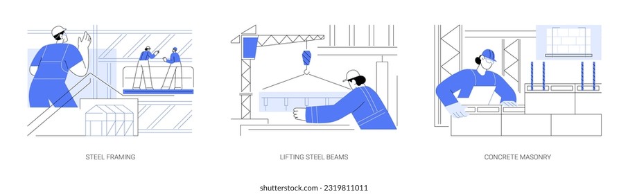 Commercial property building abstract concept vector illustration set. Steel framing, lifting steel beams, concrete masonry, construction site, tower crane works, block wall abstract metaphor.