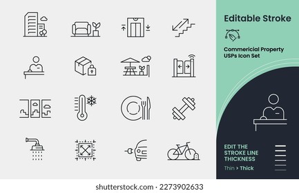 Commercial Property Icon collection containing 16 editable stroke icons. Perfect for logos, stats and infographics. Change the thickness of the line in any vector capable app.