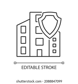 Commercial property insurance linear icon. Real estate insurance policy. Thin line customizable illustration. Contour symbol. Vector isolated outline drawing. Editable stroke. Arial font used