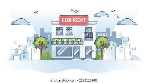 Commercial property for rent or new business place location outline concept. Real estate opportunity and commercial sign on roof vector illustration. Budget house offer from broker to relocate company