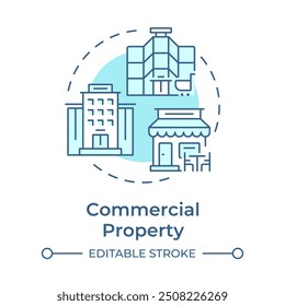 Commercial property soft blue concept icon. Office building. Shopping center and restaurant. Retail space. Round shape line illustration. Abstract idea. Graphic design. Easy to use in article