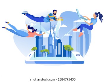 Commercial Property Value Data Analysis Feasibility Study of Investment Real Estate Management Metaphor Levitating Analytics Analyzing Charts Using Laptop on Cityscape Vector Flat Cartoon Illustration