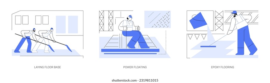 Commercial prorerty flooring abstract concept vector illustration set. Laying floor base, power floating, epoxy flooring, troweling machine, interior works at construction site abstract metaphor.