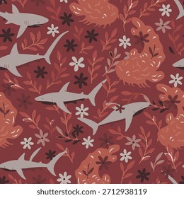 Diseño de patrones sin fisuras de calidad comercial con tiburones zorro, tiburones wobbegong, flores aster y hojas. Perfecto para la moda, textiles.