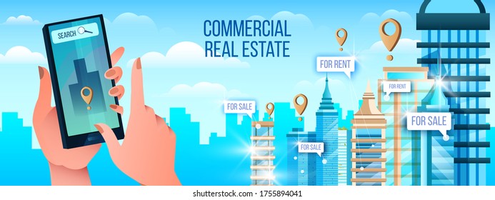 Commercial real estate banner in blue colors with hands, smartphone, buildings, skyscrapers, cityscape. Property searching app concept with urban landscape in flat style. Downtown office complex 