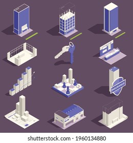Commercial real estate building edifice office residence tower house property keys isometric objects set background vector illustration