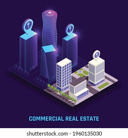 Commercial Real Estate Digital Twins Predictive Modelling Simulations Physical Building Assets Virtual Presentation Isometric Composition Vector Illustration