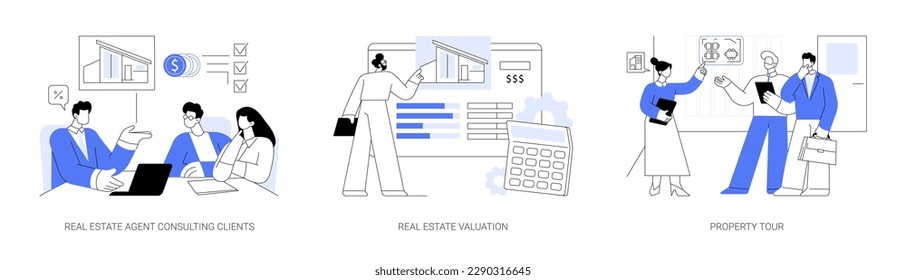 Commercial real estate firm abstract concept vector illustration set. Real estate agent consulting clients, property valuation, rental office tour, contracting broker, b2b sales abstract metaphor.