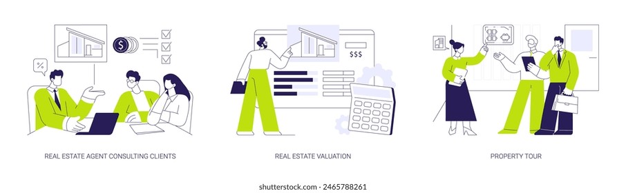 Commercial real estate firm abstract concept vector illustration set. Real estate agent consulting clients, property valuation, rental office tour, contracting broker, b2b sales abstract metaphor.