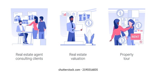 Commercial real estate firm isolated concept vector illustration set. Real estate agent consulting clients, property valuation, rental office tour, contracting broker, b2b sales vector cartoon.