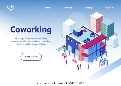 Commercial Real Estate Object Isometric Vector Web Banner or Landing Page Template with Business People Walking near Modern Coworking Center, Company Office Building in City Downtown Illustration