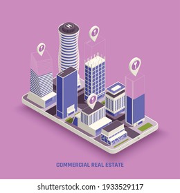 Commercial real estate property buildings complex on mobile screen with location marker symbol isometric background vector illustration