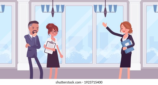 Commercial Real Estate Sale Broker, Female Leasing Agent Showing Property. Woman In Negotiations Between Buyers, Sellers, Finding Suitable Home, Flat, Apartment. Vector Flat Style Cartoon Illustration