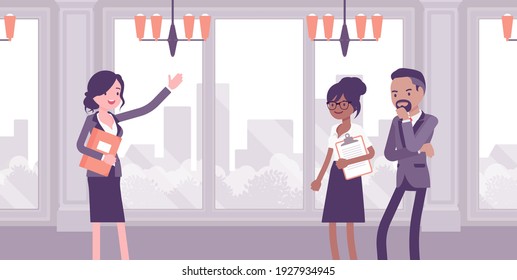 Commercial real estate sale broker, female leasing agent showing property. Woman in negotiations between buyers, sellers, finding suitable home, flat, apartment. Vector creative stylized illustration