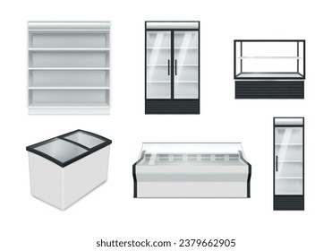 Commercial refrigeration equipment vertical and horizontal fridges showcases for display in grocery store set realistic vector illustration. Modern refrigerator with glass doors for supermarket cafe