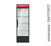 Commercial refrigerator empty fridge supermarket shop showcase realistic vector illustration. Retail cool display with glass door for cold drink and food storage electric shelving cooler