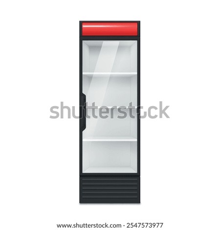 Commercial refrigerator empty fridge supermarket shop showcase realistic vector illustration. Retail cool display with glass door for cold drink and food storage electric shelving cooler