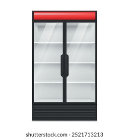 Refrigerador comercial con vidrio de dos puertas armario refrigerador de supermercado Ilustración vectorial realista. Escaparate vacío de la Vertical del congelador para el estante al por menor cerrado del mercado de la exhibición del aparato de la bebida fría de la comida