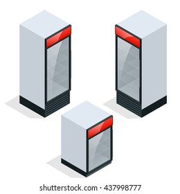 Commercial refrigerator to store drinks, perishables. Equipment Refrigerator store or supermarket flat 3d vector isometric illustration.