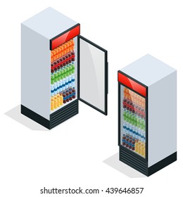 Commercial refrigerator to store drinks, perishables for store or supermarket. Flat 3d isometric illustration. For infographics and design 