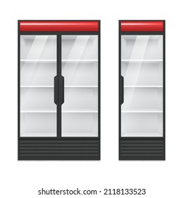 Commercial refrigerators set realistic vector illustration. Empty supermarket freezer equipment with glass door, handle and shelves isolated. Closed stainless fridge appliances for drinks and food