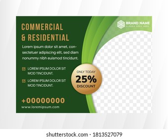Commercial and residential horizontal flyer design template use green background and gold and green element colors. space for photo collage on the right side. 