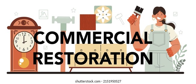 Commercial Restoration Typographic Header. Artist Restores An Ancient Statue, Old Painting And Furniture. Jewelry Restorer. Person Carefully Repair Old Art Object. Vector Illustration In Cartoon Style