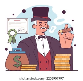 Commercial Revolution. Banking system development and growth. Early monopoly establishment, exclusive control of a market. Capitalism and trade development. Flat vector illustration