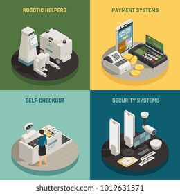 Commercial robotic helpers in stores shops supermarkets 4 isometric icons concept with self-checkout payment vector illustration 