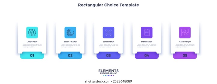 Análises comerciais e científicas retangulares escolha modelo de design gráfico infográfico. Infográfico de tecnologia de pesquisa com ícones. Gráficos de instrução com 5 etapas. Apresentação de dados visuais