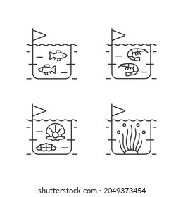 Commercial sea product farming linear icons set. Shrimp and fish growing. Pearl extraction for trade. Customizable thin line contour symbols. Isolated vector outline illustrations. Editable stroke