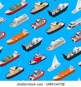 Barcos Marítimos Comerciales Señales 3d Fondo de Patrón Sin Marea Vista Isométrica Incluir Barco Industrial de Mercancías y Buque. Iconos ilustrados por vectores