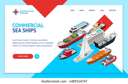 Commercial Sea Ships Signs 3d Landing Web Page Template Isometric View Include of Freight Industrial Boat and Vessel. Vector illustration of Icons