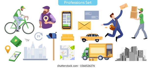 Commercial services flat vector illustrations set. Professional cab driver, delivery man, courier and mailman cartoon characters. Urban travel and transportation companies workers pack