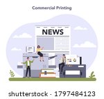 Commercial services and supplies sector of the economy. Commercial printing. Printer machine make pattern and published material. Polygraphy business. Isolated flat vector illustration