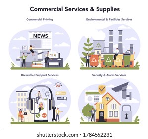 Commercial services and supplies sector of the economy set. Commercial printing, environmental and facilities service, diversified support services, security and alarm services.