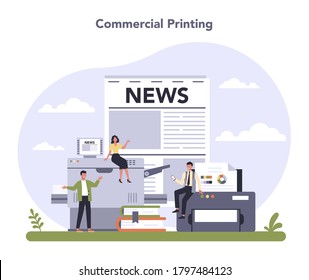 Commercial services and supplies sector of the economy. Commercial printing. Printer machine make pattern and published material. Polygraphy business. Isolated flat vector illustration