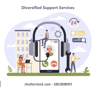 Commercial services and supplies sector of the economy. Support service. Providing customer with valuable information. Call center idea. Isolated flat vector illustration
