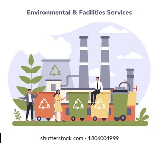 Commercial services and supplies sector of the economy. Environmental and facilities service. Garbage sorting and disposing industry. Industrial recycling industry. Isolated flat vector illustration