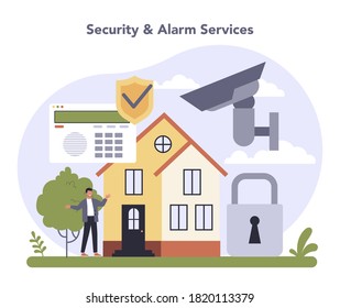 Commercial services and supplies sector of the economy. Security and alarm services. House protection, safety controll. Siren and camera device. Isolated flat vector illustration