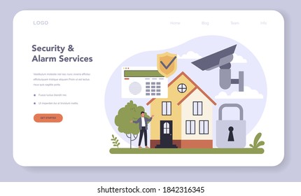 Commercial services and supplies sector of the economy web banner or landing page. Security and alarm services. House protection, safety controll. Siren and camera device. Vector illustration