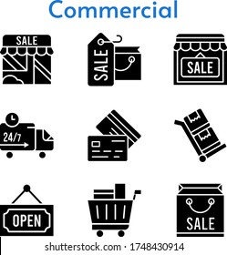 commercial set. included shopping bag, shop, shopping cart, delivery truck, credit card, open, trolley icons. filled styles.