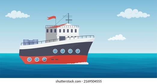 Buque comercial con contenedores en astilleros en el mar o en el paisaje oceánico ilustrado por vectores. Barco de transporte de caricaturas navegando a puerto, pescador arrastrero capturando peces en el agua de fondo del puerto