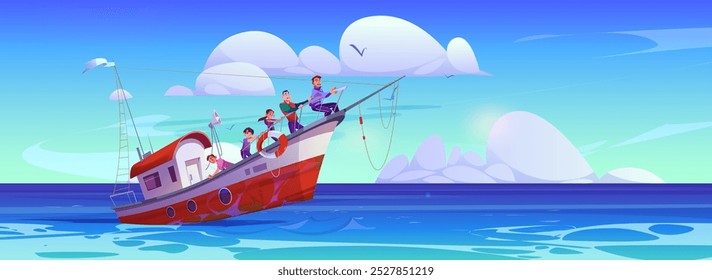 Navio comercial pescando em vetor de água oceânica. Pescador no barco com crianças e pai mostram o processo de trabalho. Atividade de aventura náutica com equipamento de haste. Ilustração de conceito de paisagem marinha calma