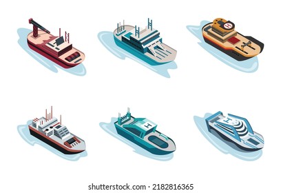 Commercial ship isometric icon set include of freight industrial boat, barge and vessel yacht ferry. 3d sea sailing business marine shipment, shipping freight ocean transportation, water transport