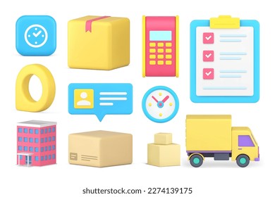 Commercial shipment business cargo delivery postal service set 3d icon realistic vector illustration. Shipping freight post cardboard box storage time to do list e money payment truck transportation