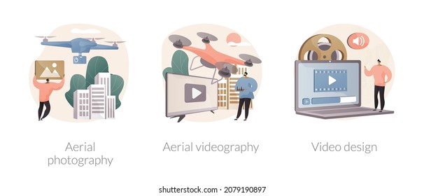 Juego de ilustraciones vectoriales abstractas de grabación comercial. Fotografía aérea y videografía, diseño de vídeo, fotografía con drones, software de edición de vídeo, propiedad inmobiliaria, metáfora abstracta de posproducción.